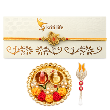 Handmade Shreenath Ji Rakhi with Golden Thread Gift Set with Roli Chawal Platter