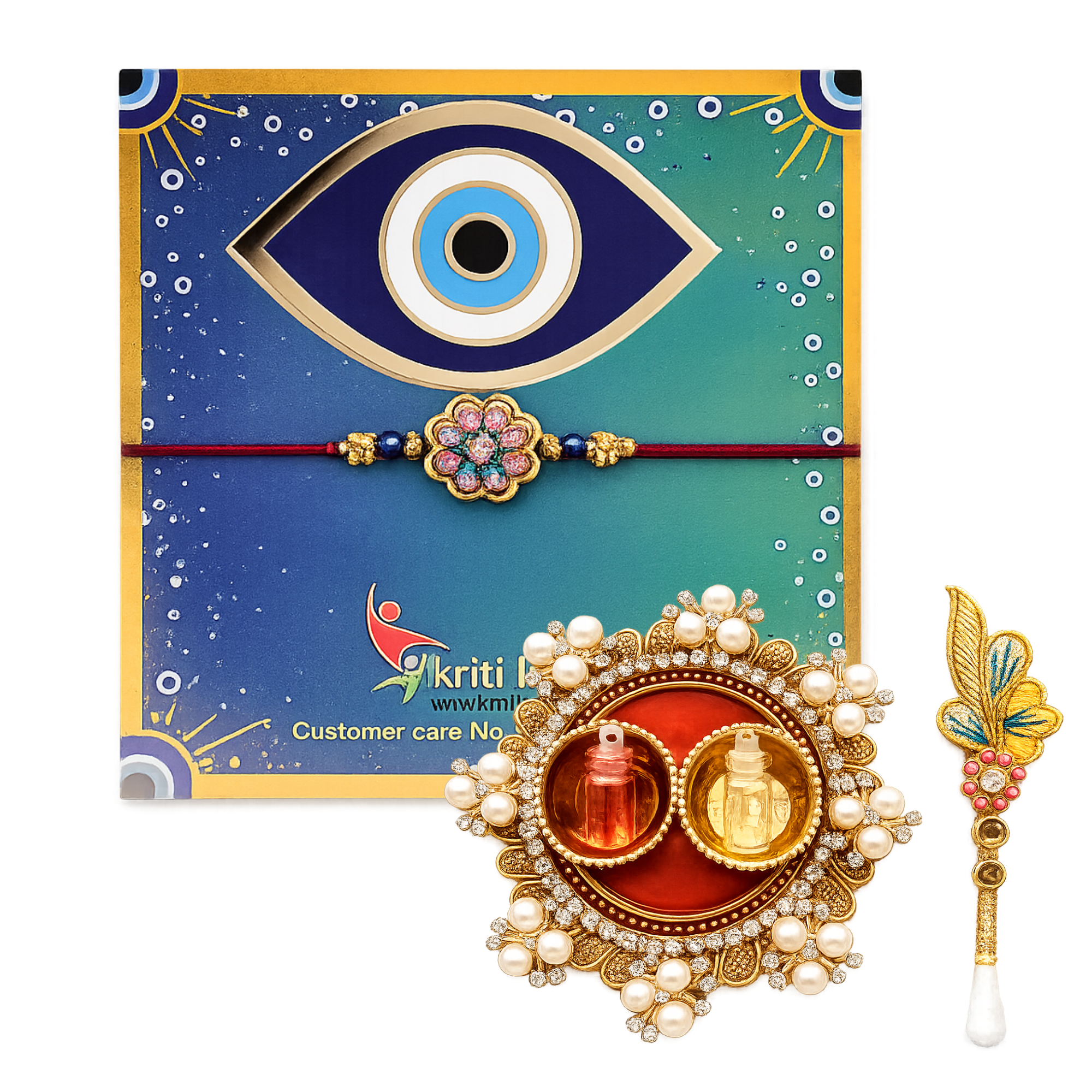 Handmade Floral Evil Eye Rakhi Gift Set with Roli Chawal Platter