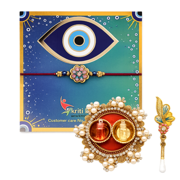 Handmade Floral Evil Eye Rakhi Gift Set with Roli Chawal Platter