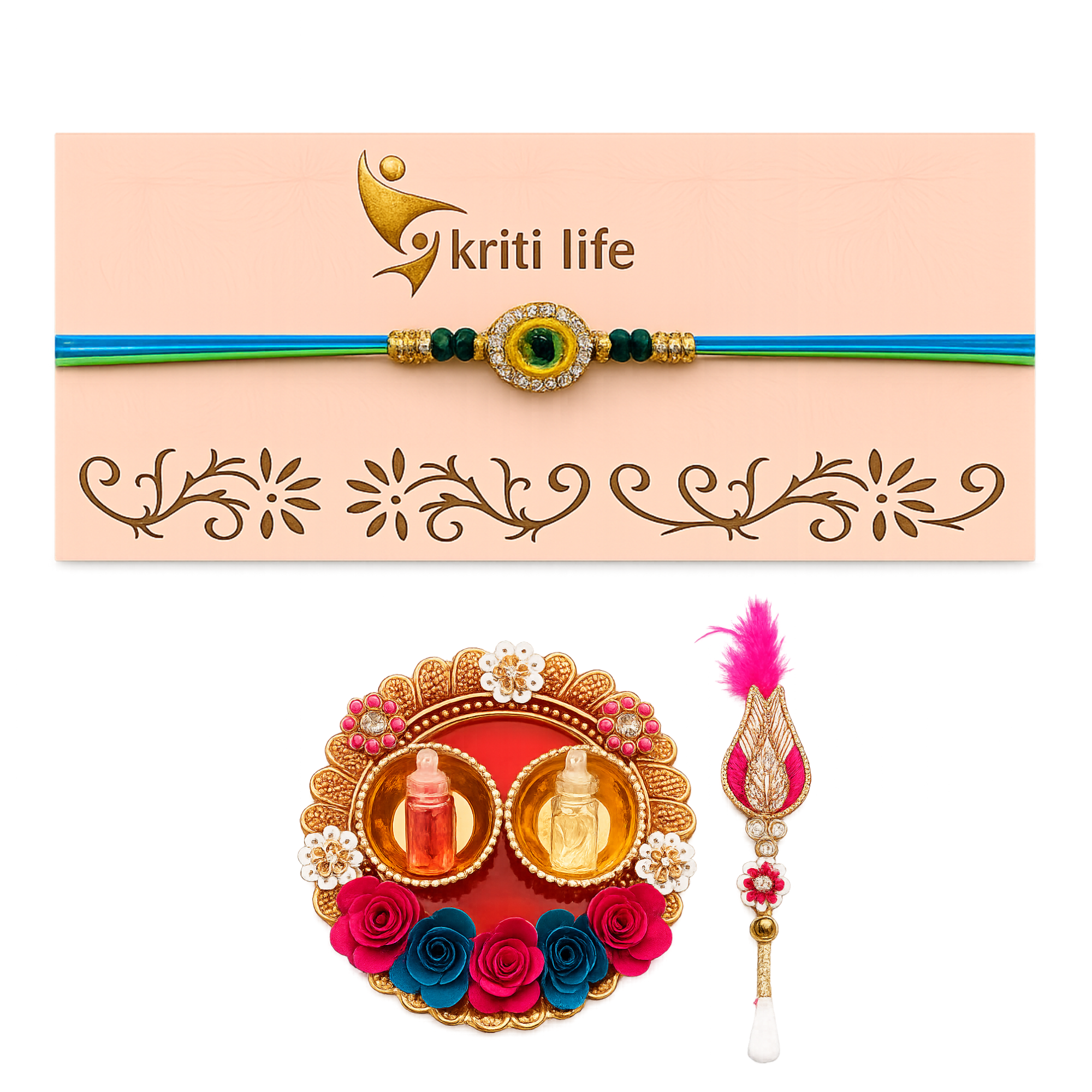 Mor Pankh Rakhi | Designer Peacock Feather Rakhi Gift Set with Roli Chawal Platter