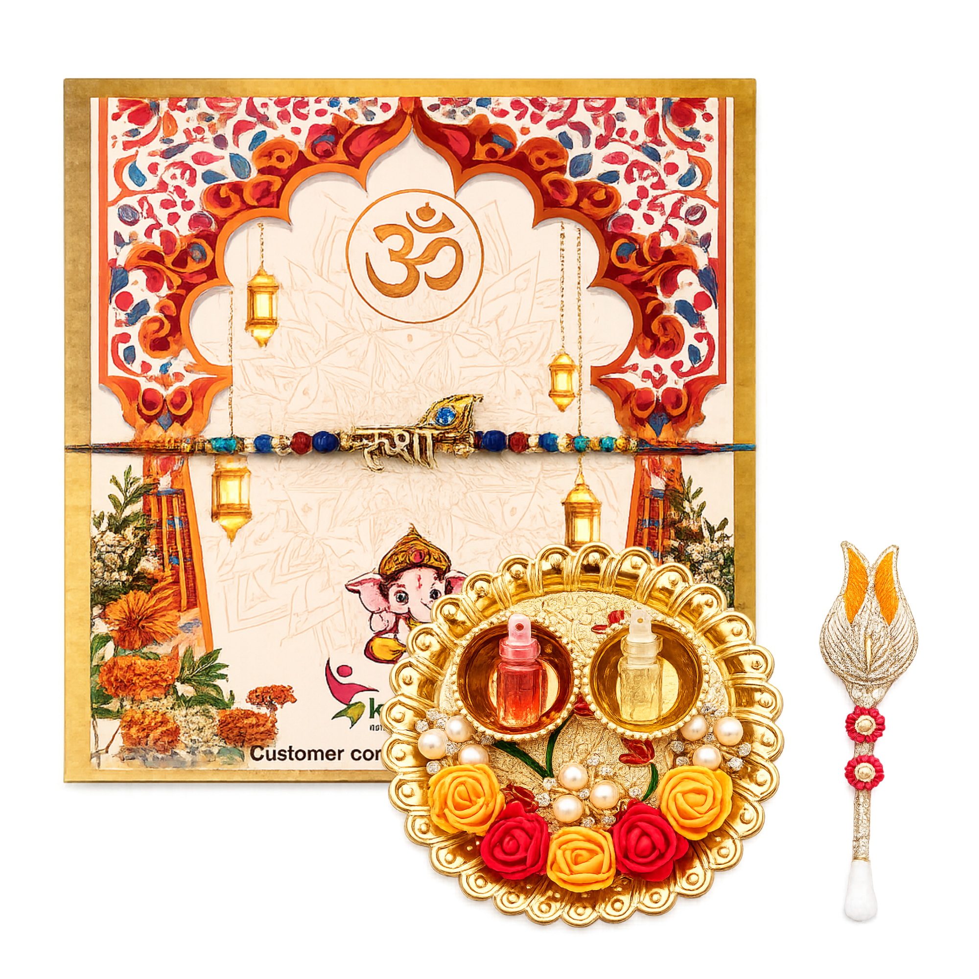 Krishna Name Rakhi | Handmade Designer Rakhi for Brother Gift Set with Roli Chawal Platter