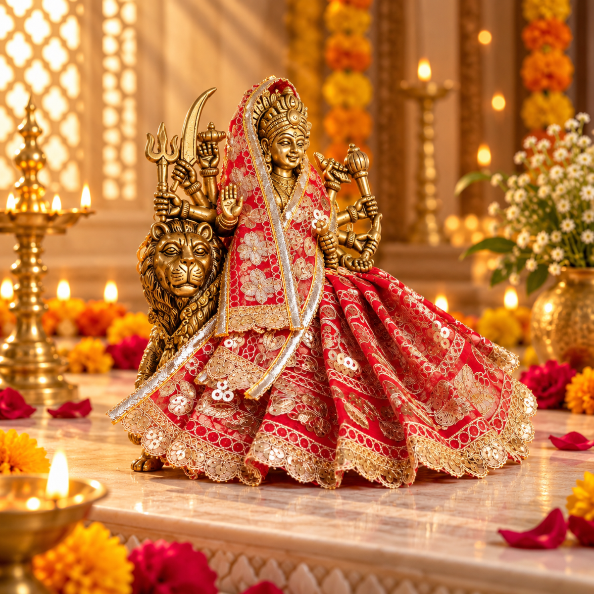 Maa Durga Dress 4 Inch for 7 Inch Idol | Red Embroidered Poshak with Dupatta