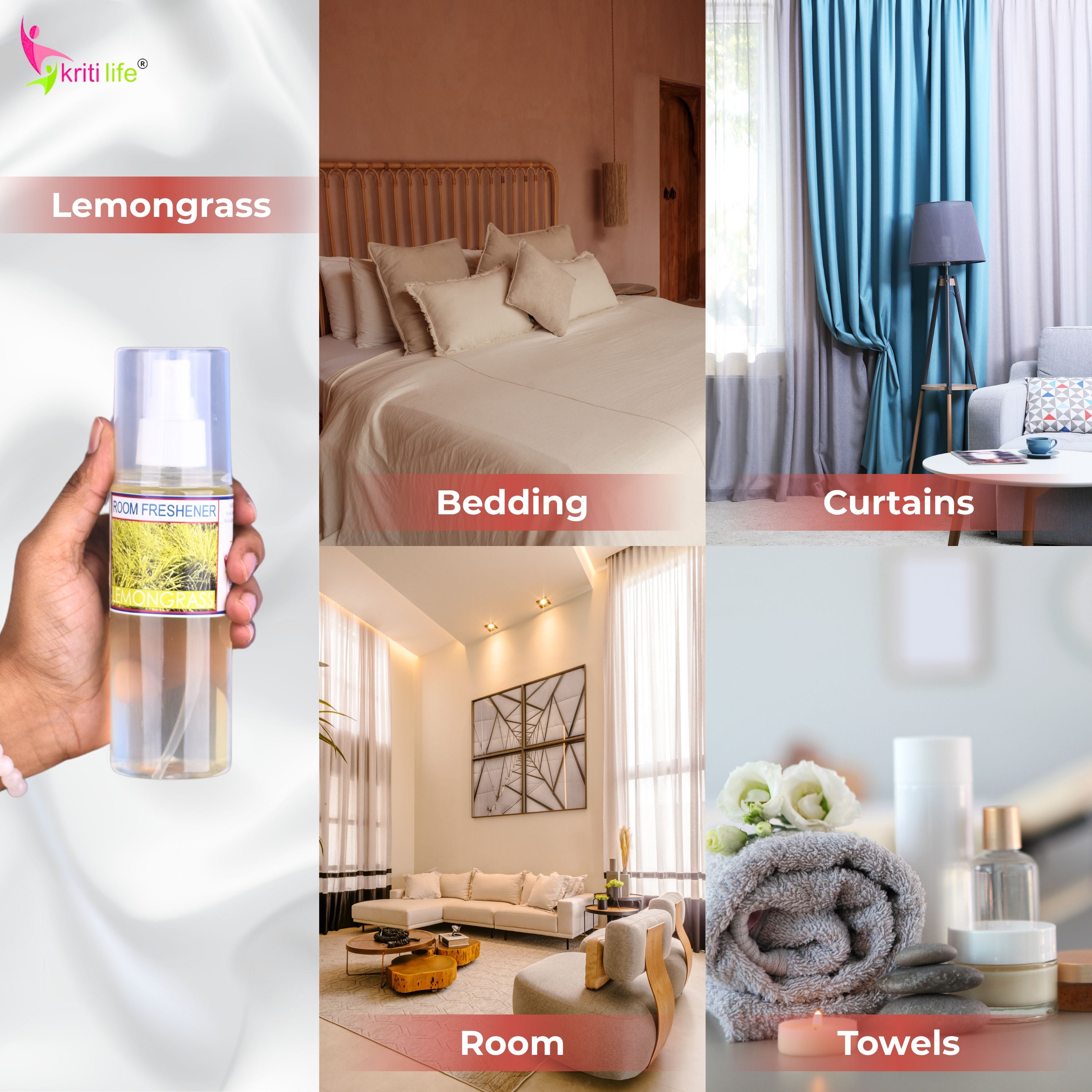 Kriti Life Room Spray - Lemon Grass 165 ML Long-Lasting Fragrance for Home &amp; Office