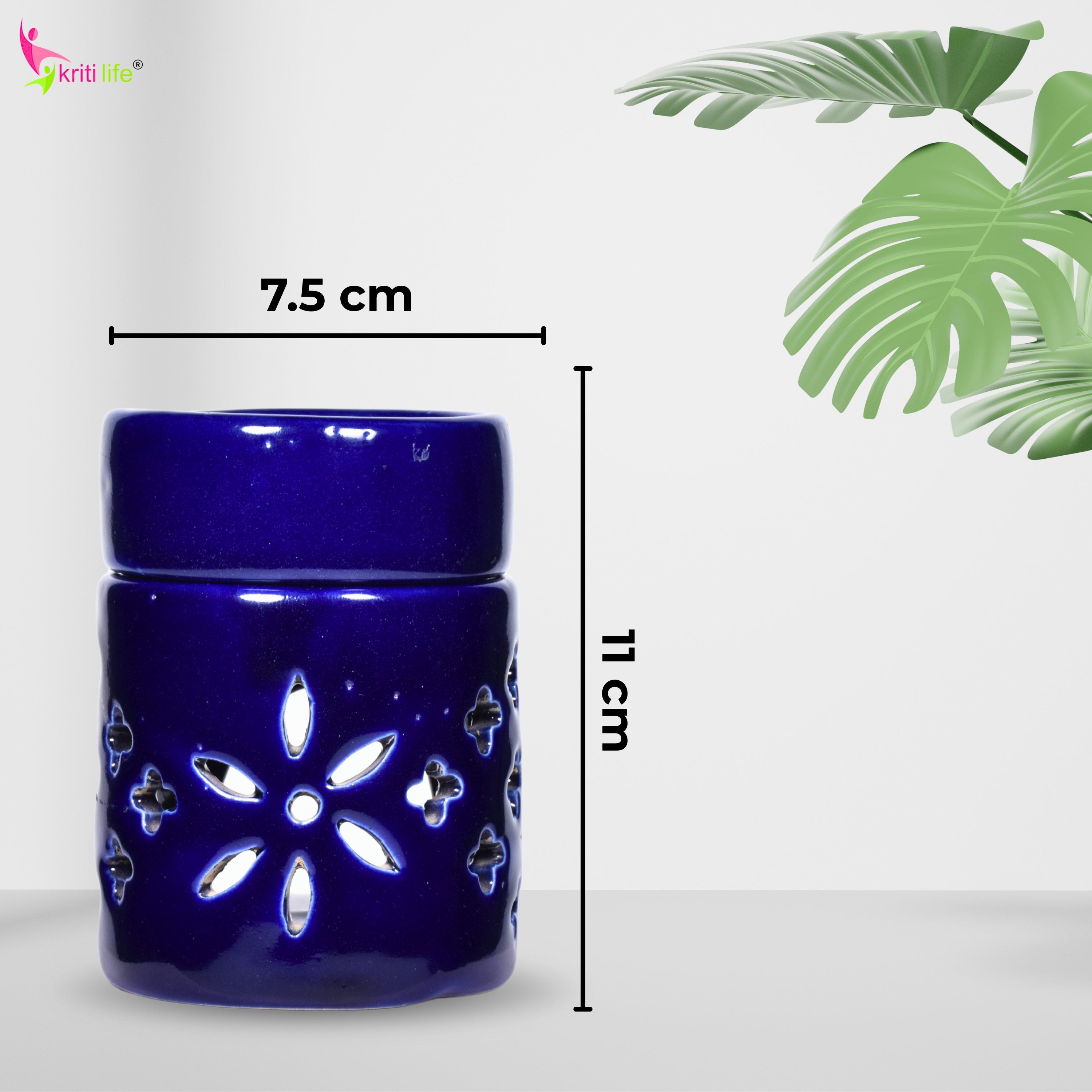 Round Ceramic Aroma Oil Burner (Dark Blue) for Essential Oils & Camphor - 4 inches