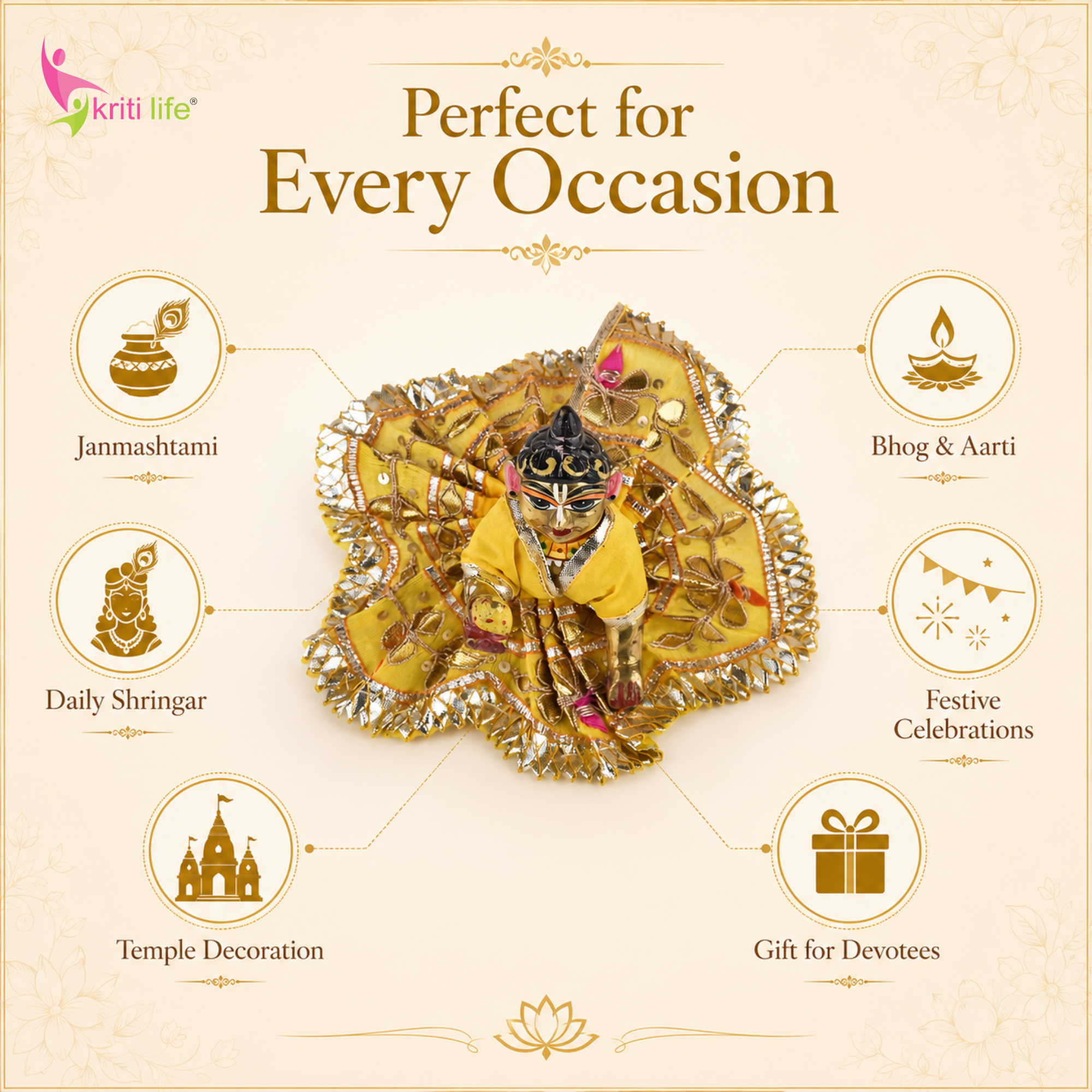 Beautiful Yellow Laddu Gopal Dress with Golden Embroidery – Ideal for 4-Inch Idol | Traditional Poshak for Kanha Ji
