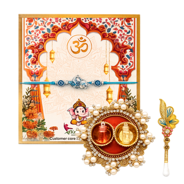 Peacock Designer Rakhi | Handmade Peacock Feather Rakhi Gift Set with Roli Chawal Platter