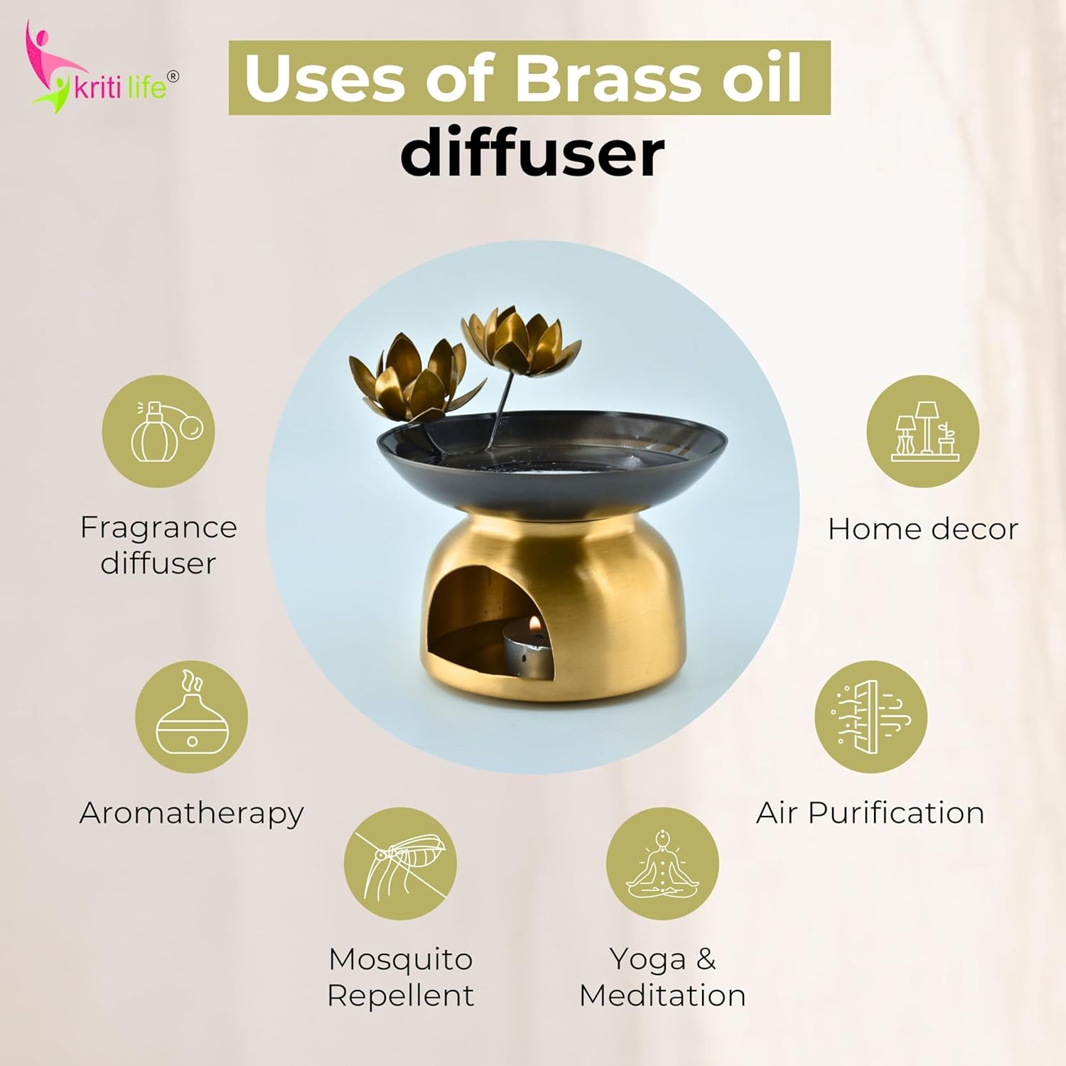 Brass Aroma Oil Diffuser Burner with Lotus Design