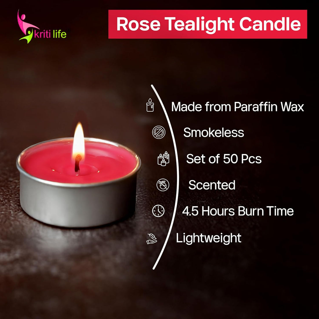 Rose Scented Tealight Candles 4.5 Hour Set of 50 Pcs