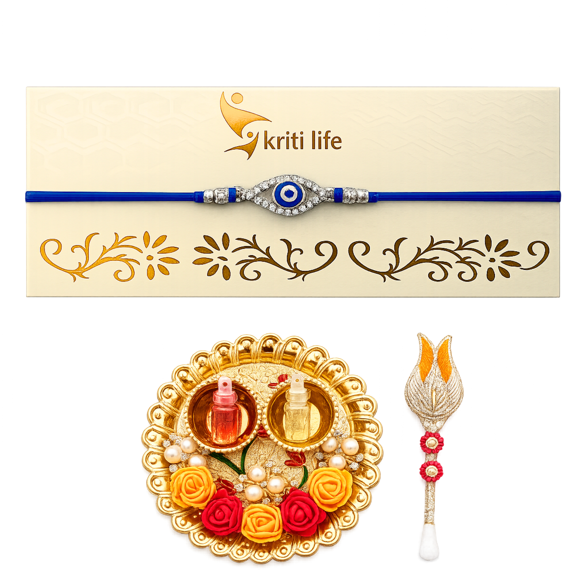 Crystal Evil Eye Rakhi | Handmade Protective Rakhi Gift Set with Roli Chawal Platter