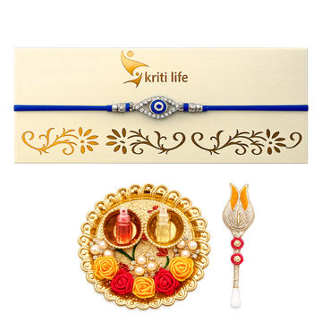 Crystal Evil Eye Rakhi | Handmade Protective Rakhi Gift Set with Roli Chawal Platter