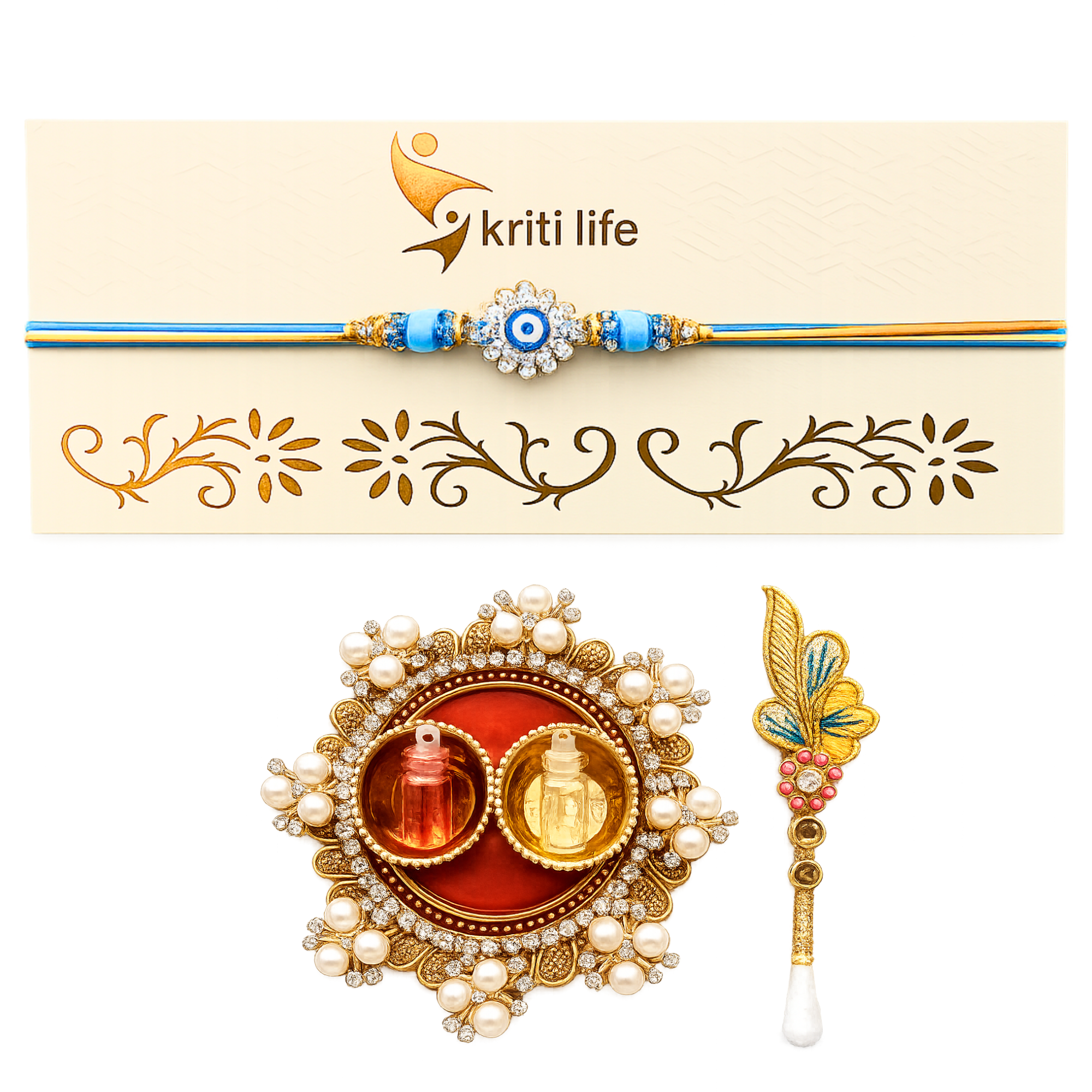 Blue Evil Eye Rakhi with Crystal Flower Charm Gift Set with Roli Chawal Platter