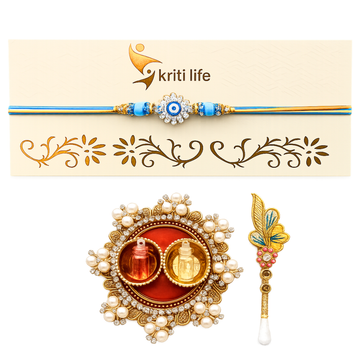 Blue Evil Eye Rakhi with Crystal Flower Charm Gift Set with Roli Chawal Platter