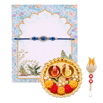 Evil Eye Designer Rakhi | Handmade Protective Rakhi Gift Set with Roli Chawal Platter