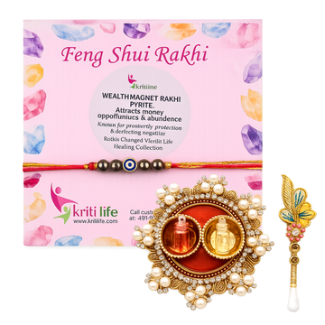 Pyrite Evil Eye Rakhi | Feng Shui Wealth Magnet Rakhi Gift Set with Roli Chawal Platter