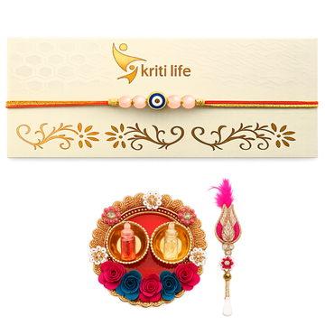 Rose Quartz Evil Eye Rakhi | Handmade Natural Stone Rakhi Gift Set with Roli Chawal Platter