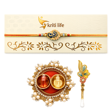 Handmade Peacock Rakhi with Kundan Stone Gift Set with Roli Chawal Platter