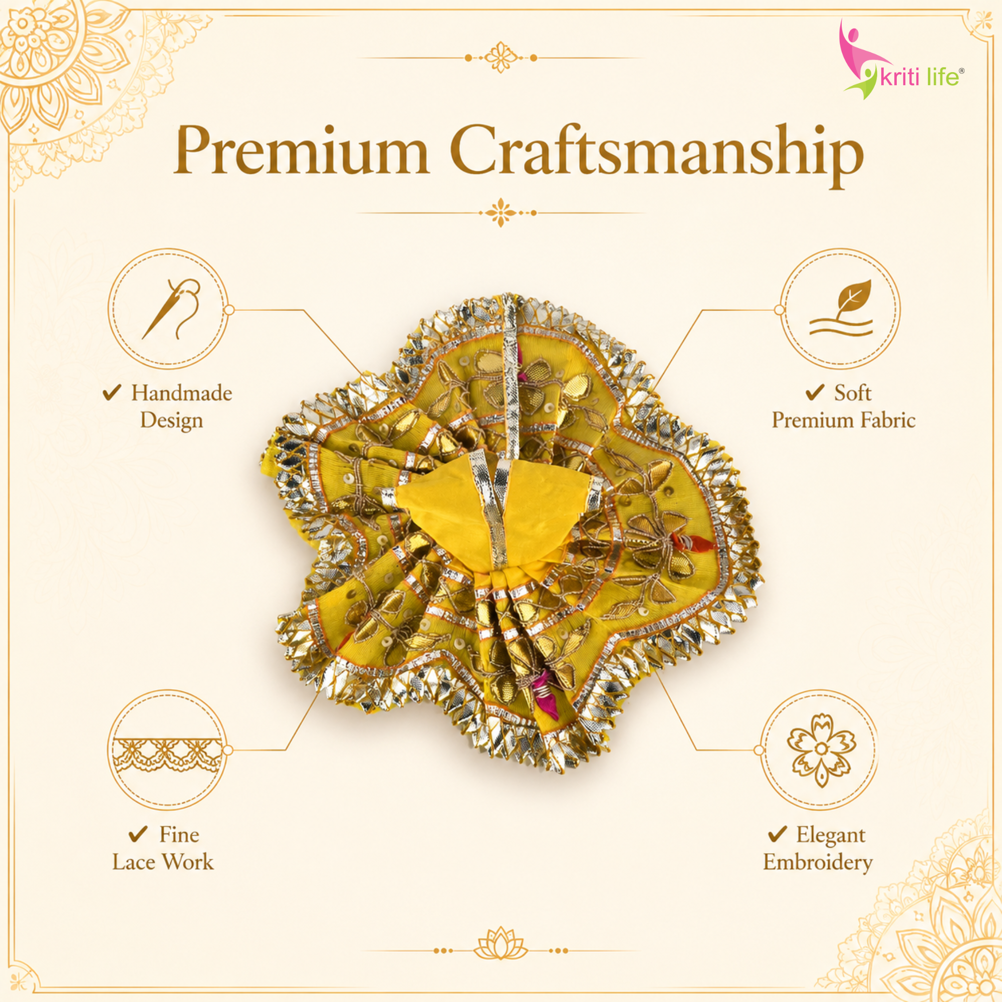 Beautiful Yellow Laddu Gopal Dress with Golden Embroidery – Ideal for 4-Inch Idol | Traditional Poshak for Kanha Ji
