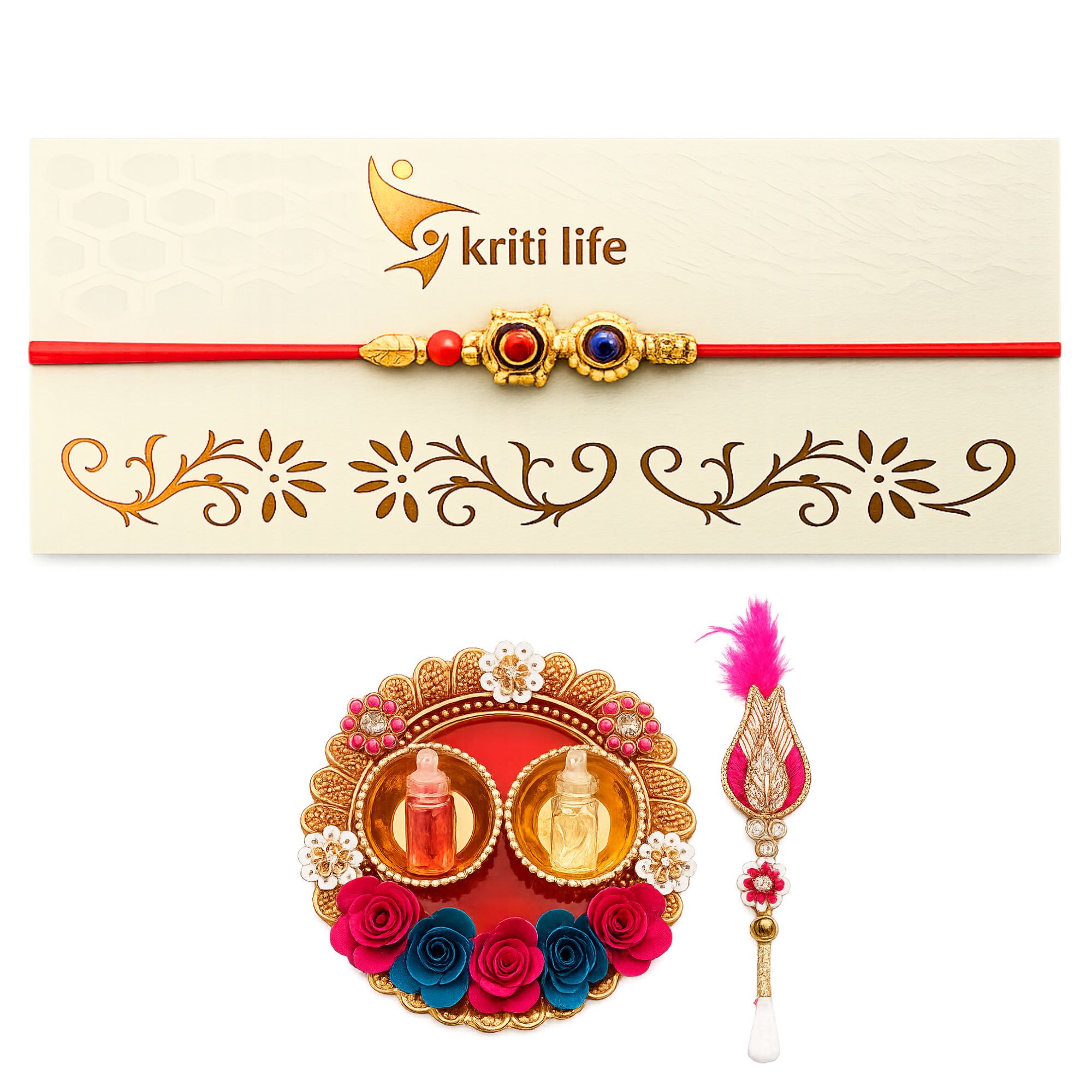 Handmade Hexagon Kundan Rakhi with Pearl Design Gift Set with Roli Chawal Platter