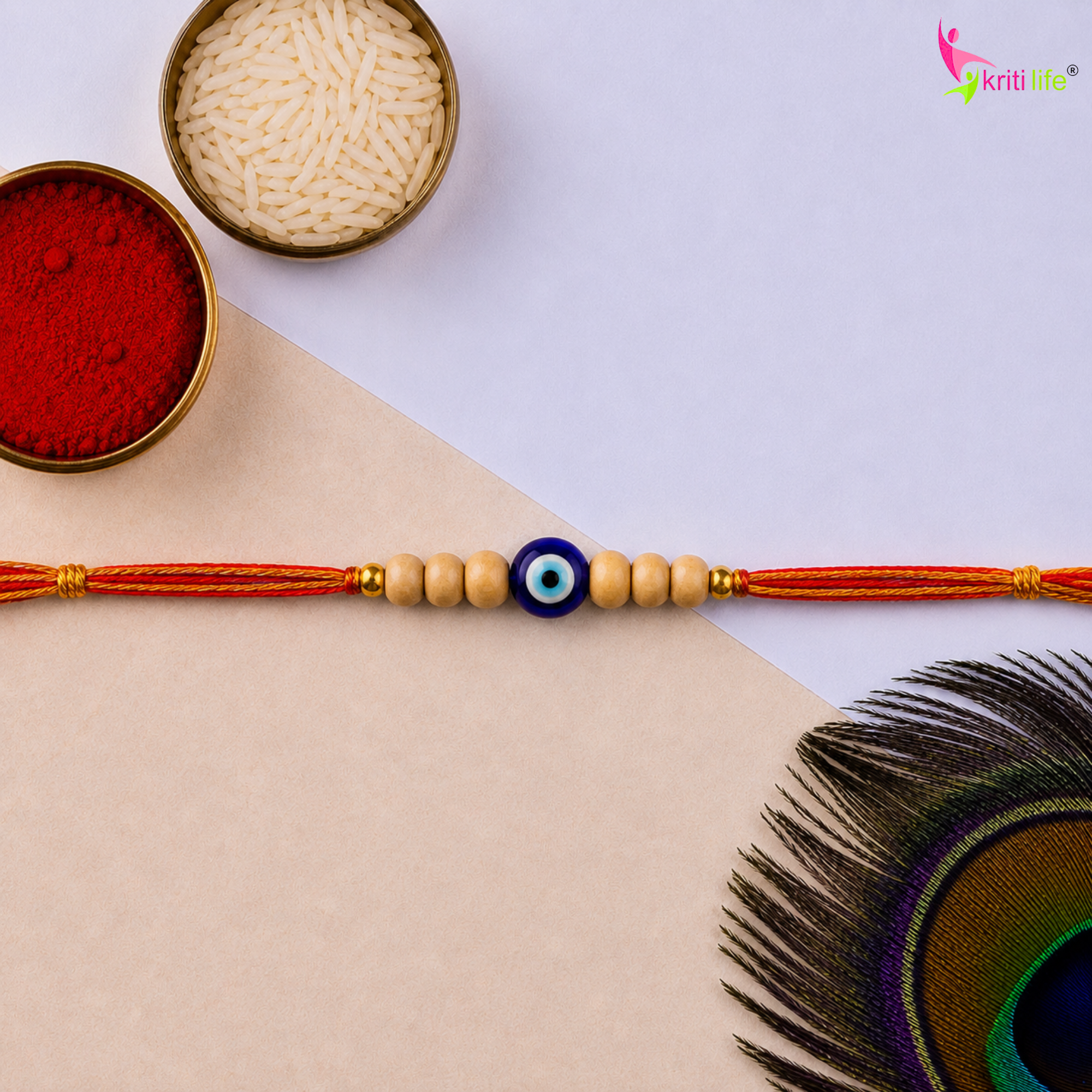 Chandan Evil Eye Rakhi | Raksha Bandhan Rakhi Gift Set with Roli Chawal Platter