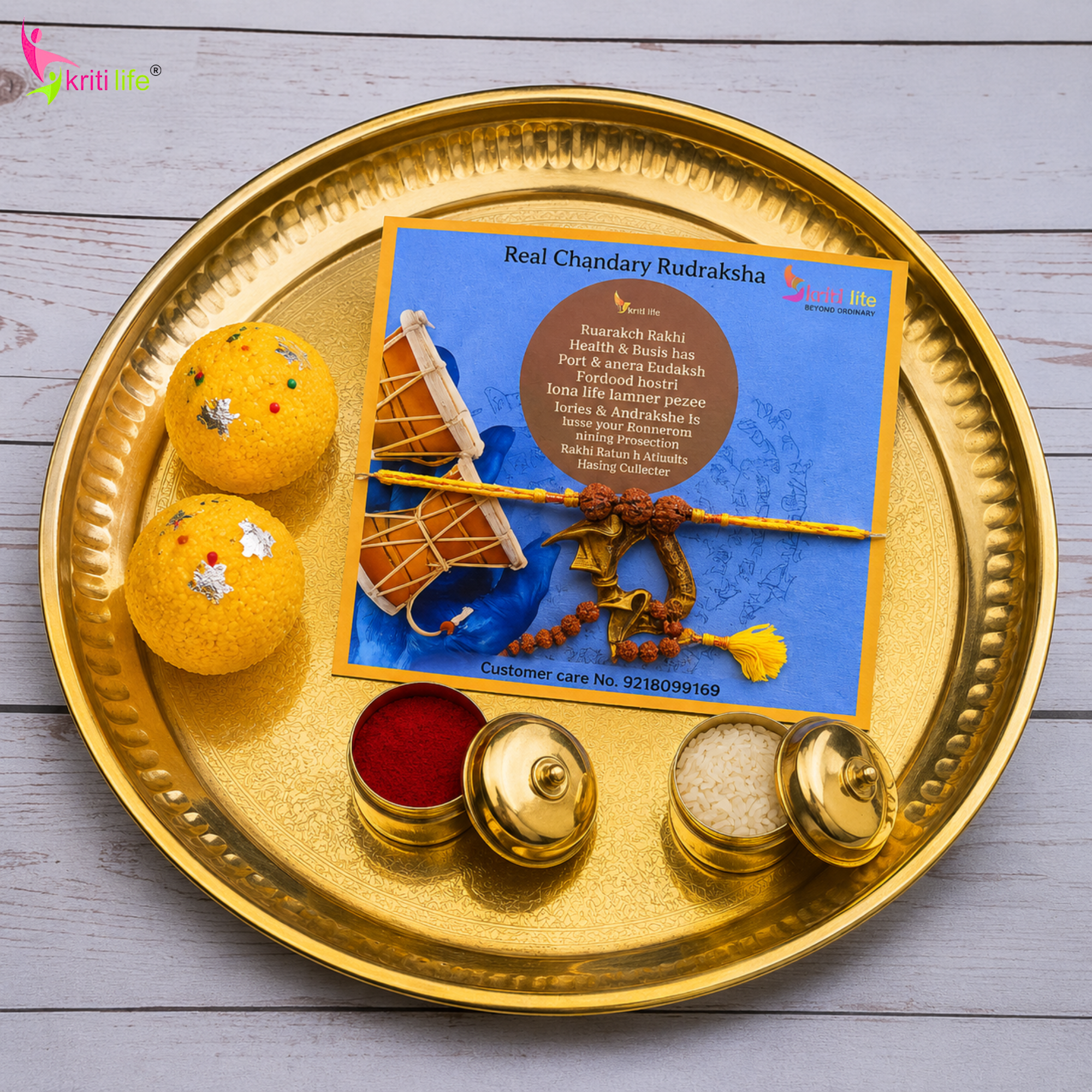 Rudraksha Rakhi |Spiritual Raksha Bandhan Rakhi Gift Set with Roli Chawal Platter