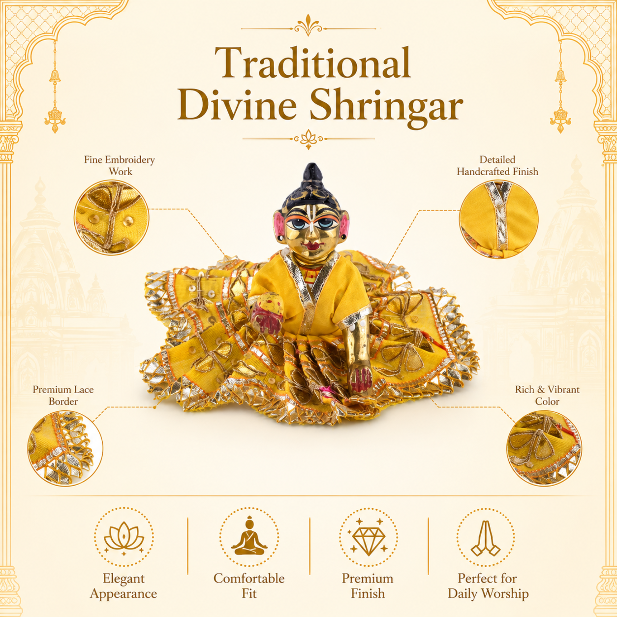 Beautiful Yellow Laddu Gopal Dress with Golden Embroidery – Ideal for 4-Inch Idol | Traditional Poshak for Kanha Ji