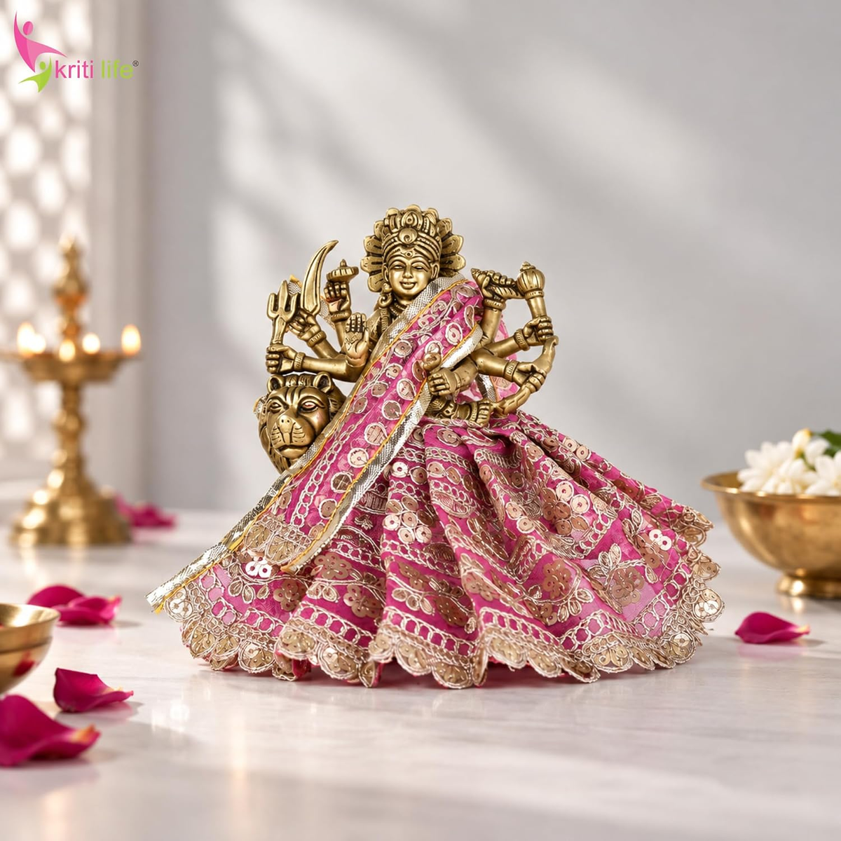 Maa Durga Dress 4 Inch for 7 Inch Idol | Pink Embroidered Poshak with Dupatta | Festival & Pooja Wear