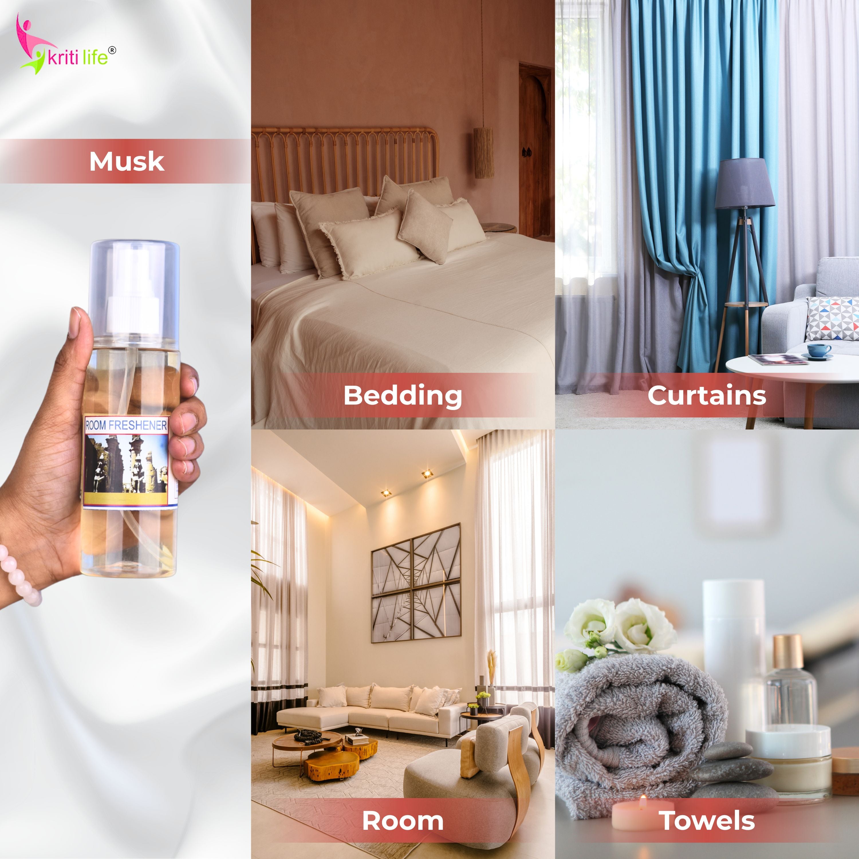 Kriti Life Room Spray - Musk 165 ML Long-Lasting Fragrance for Home &amp; Office.
