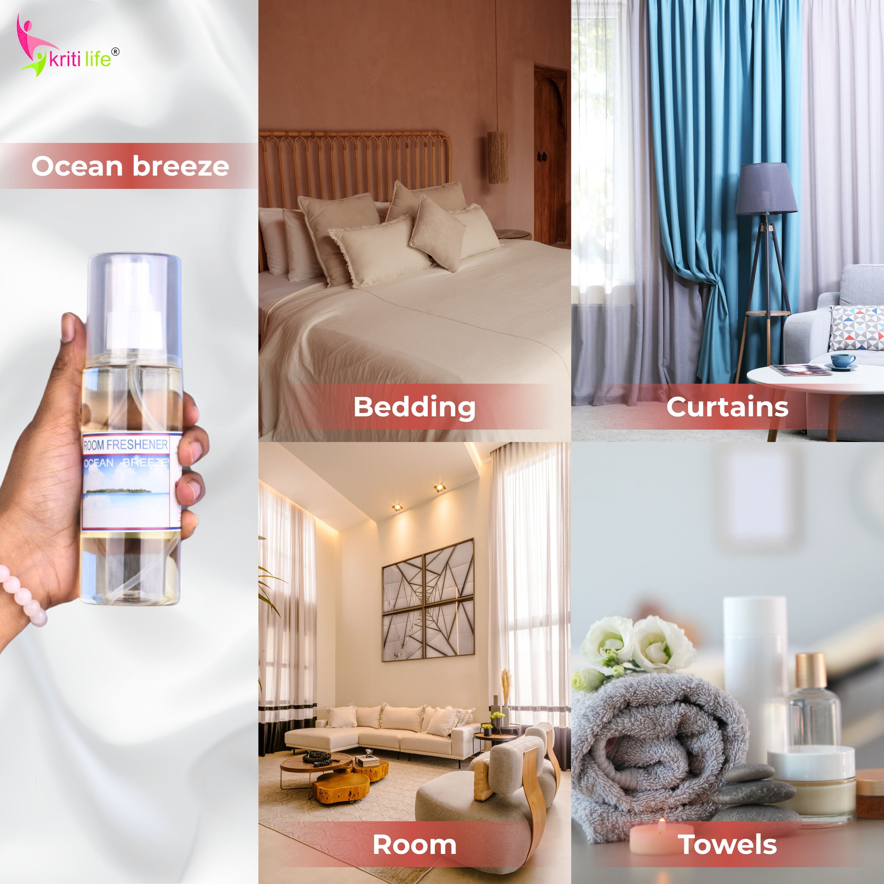 Kriti Life Room Spray - Ocean Breeze 165 ML Long-Lasting Fragrance for Home &amp; Office