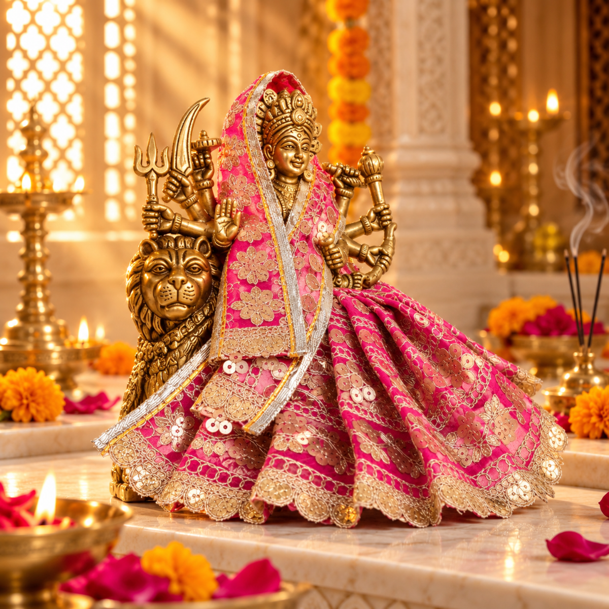 Maa Durga Dress 4 Inch for 7 Inch Idol | Pink Embroidered Poshak with Dupatta | Festival & Pooja Wear