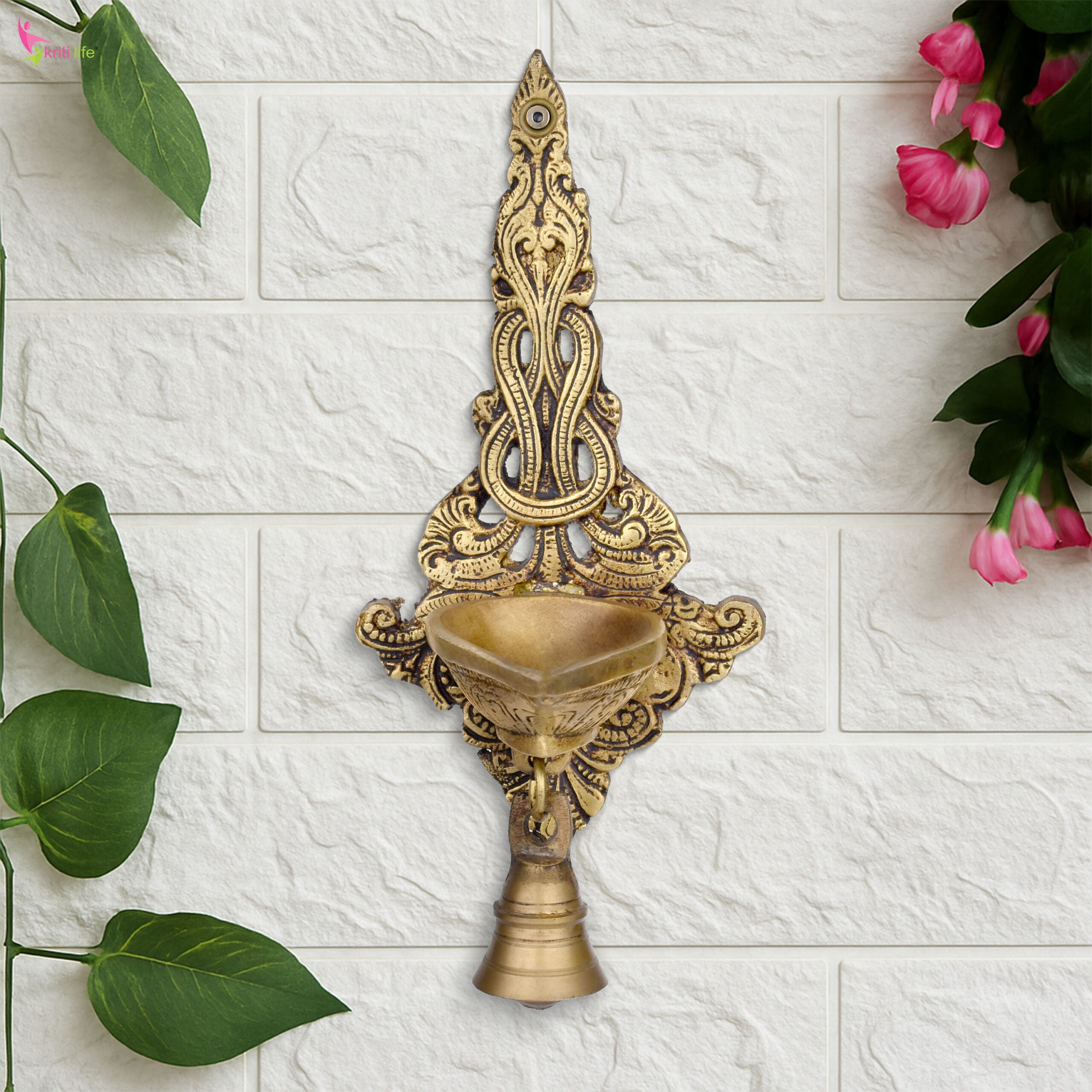 Brass Wall Mount Diya | Antique Hanging Oil Lamp for Pooja Room & Home Decor- 8.5 inches