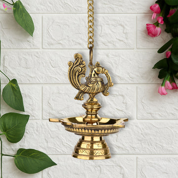 Brass Hanging Peacock Wall Mount Diya with Chain | 47 cm Hight |