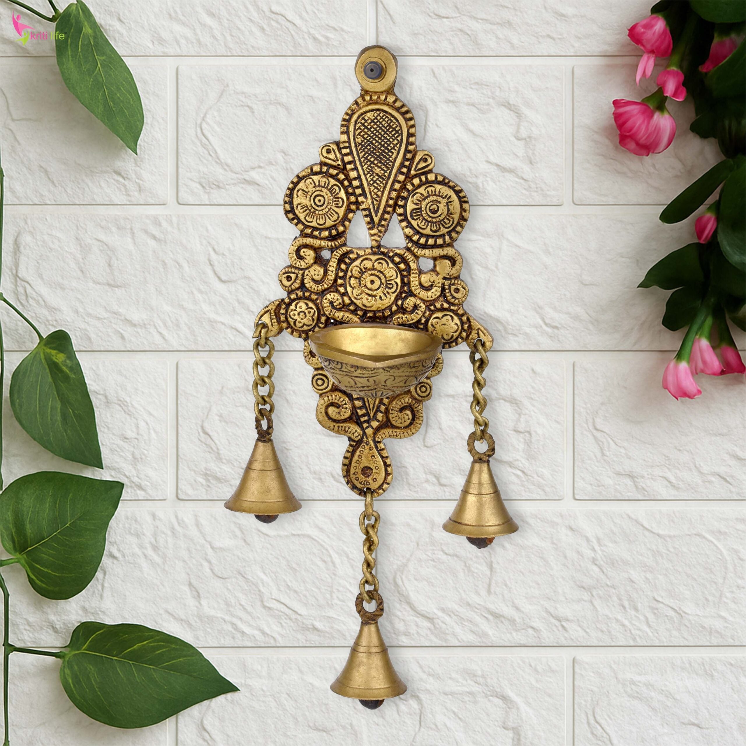 Brass Wall Mount Diya with 3 Hanging Bells – Traditional Design | 26.5 cm Hight