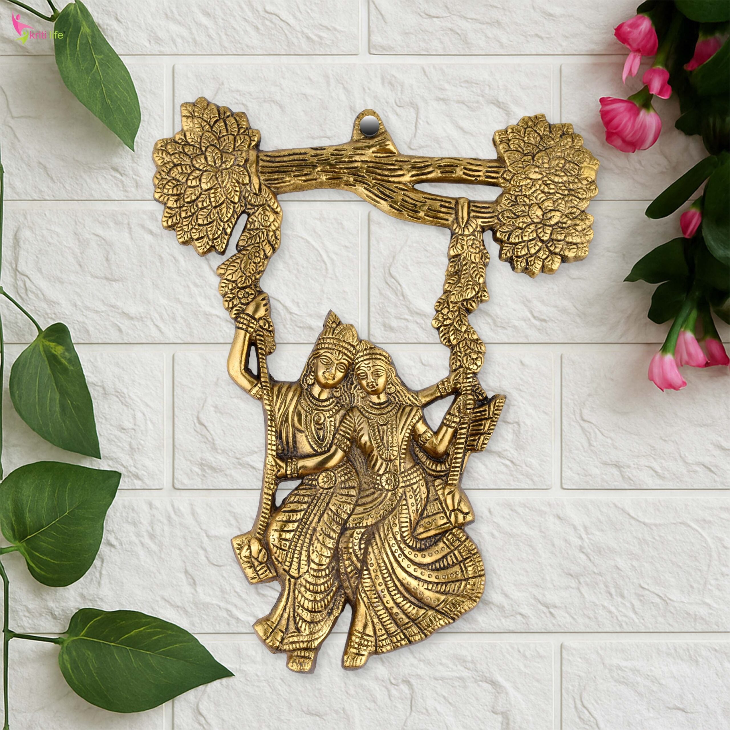 Brass Radha Krishna Wall Hanging on Swing | Divine Wall Décor- 11.5 inches