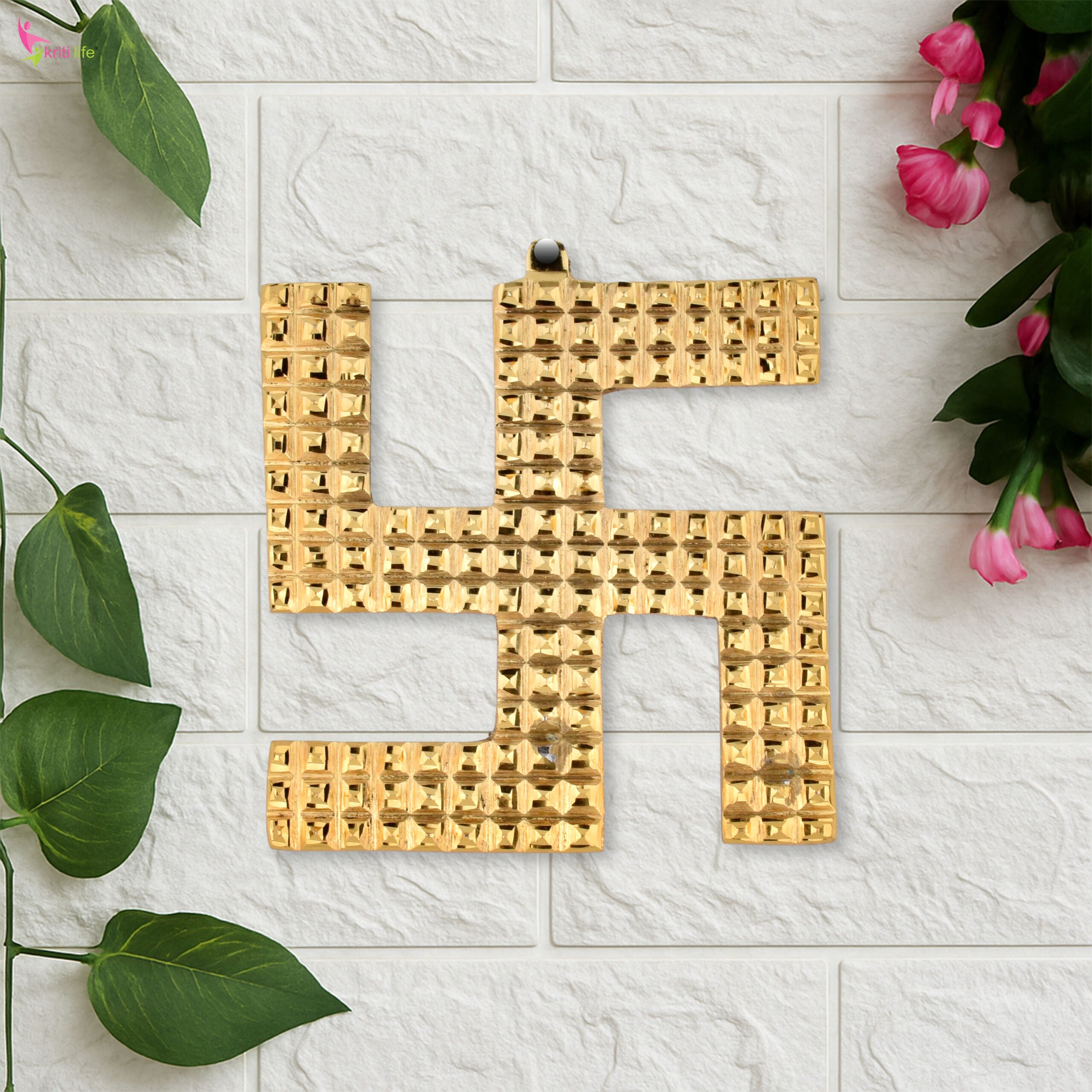 Brass Swastik Wall Hanging – Grid Texture Design for Positive Vibes- 4 inches
