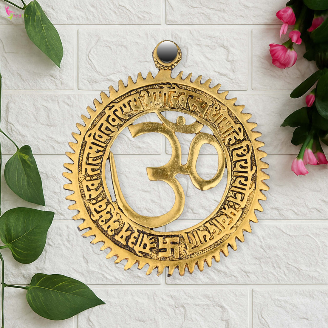 Brass Om Wall Hanging with Sacred Mantras – Traditional Hindu Wall Mount- 6 inches
