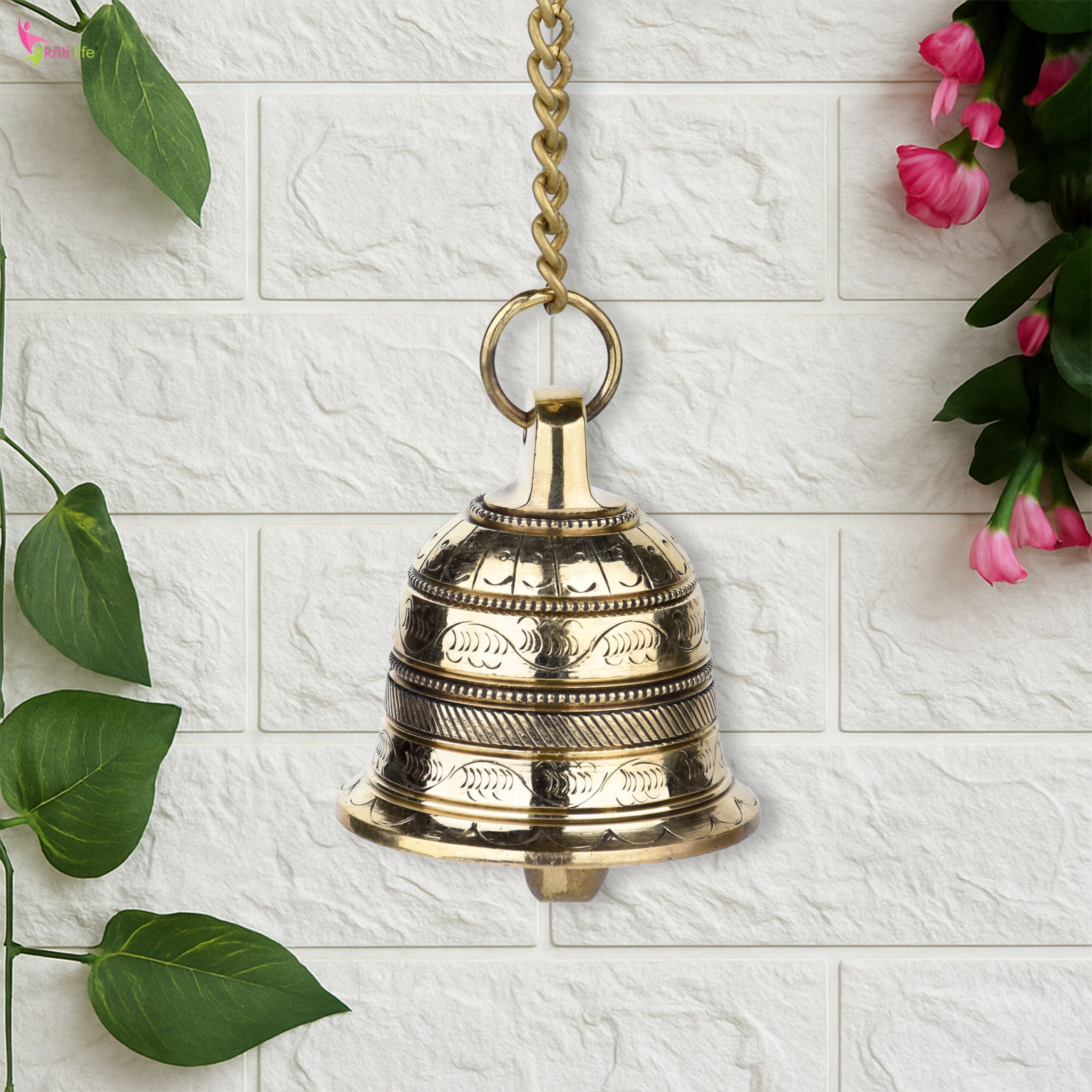 Brass Hanging Temple Bell with Chain | Wall Mount Ghanti for Pooja Room | 43 cm Hight
