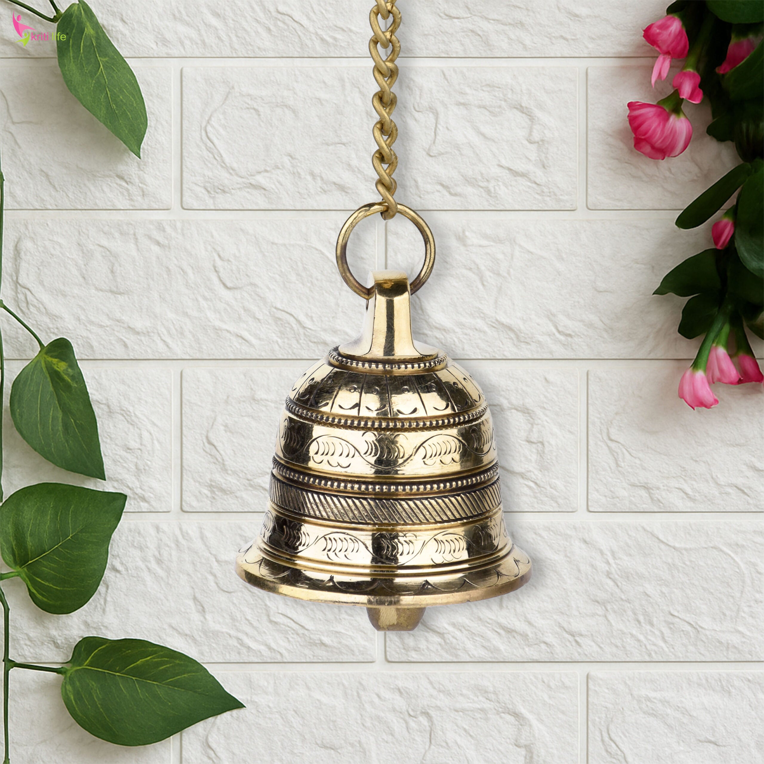 Brass Hanging Temple Bell with Chain | Wall Mount Ghanti for Pooja Room | 43 cm Hight