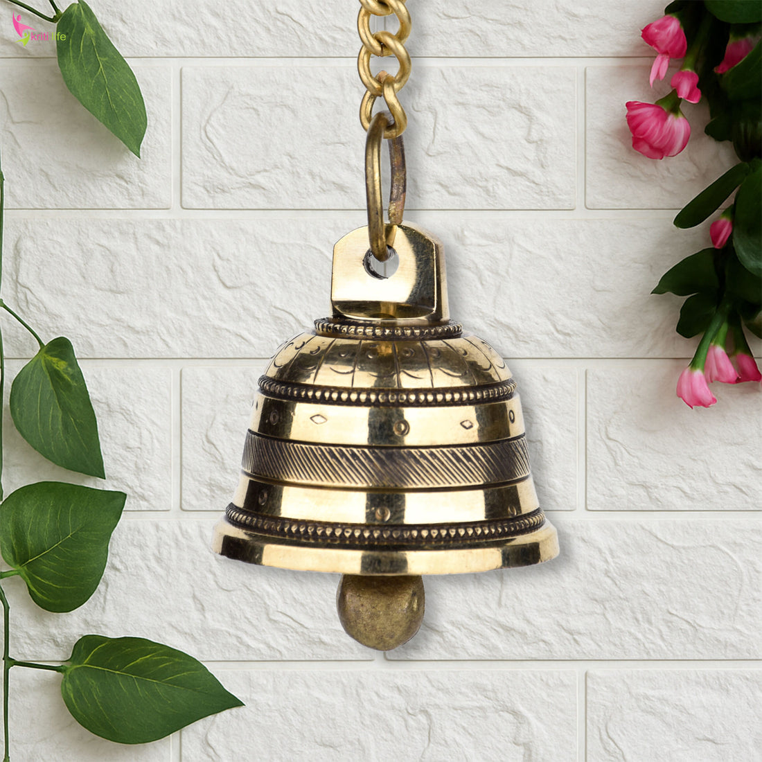 Brass Hanging Temple Bell with Chain | Wall Mount Ghanti for Pooja Room | 30 cm Hight