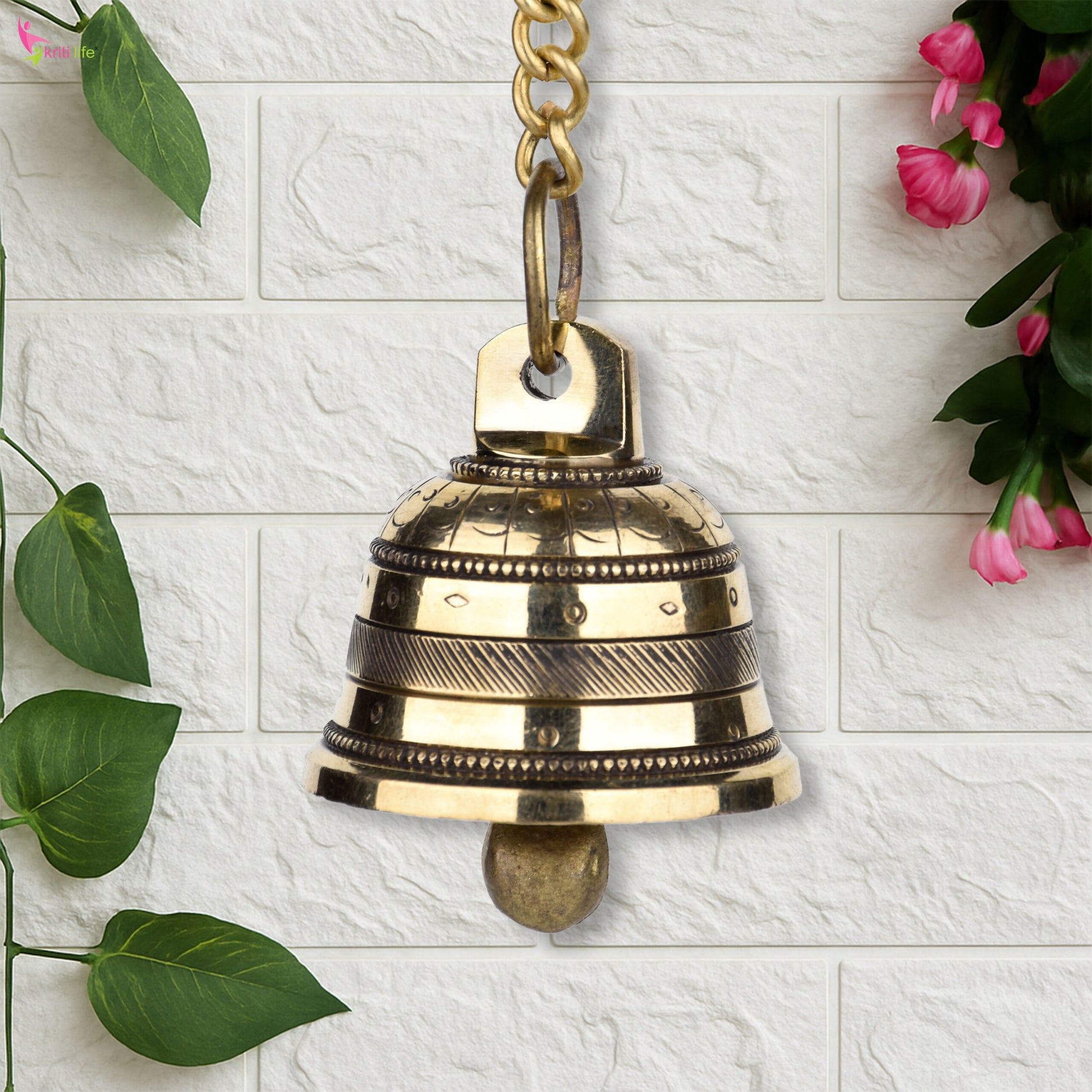 Brass Hanging Temple Bell with Chain | Wall Mount Ghanti for Pooja Room | 30 cm Hight