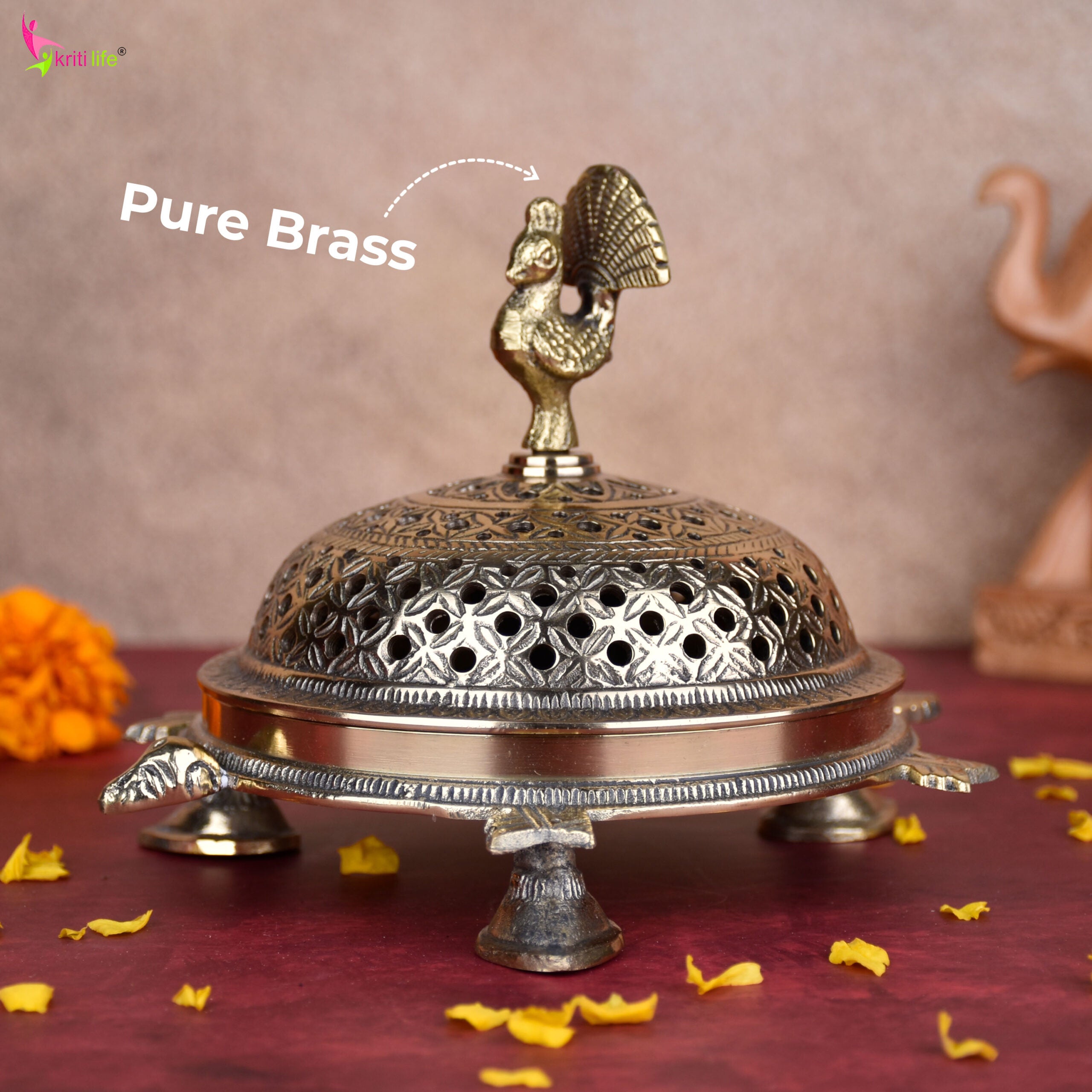 Handcrafted Brass Tortoise Dhupiya | Traditional Dhoop Burner with Peacock Lid | 7 inches