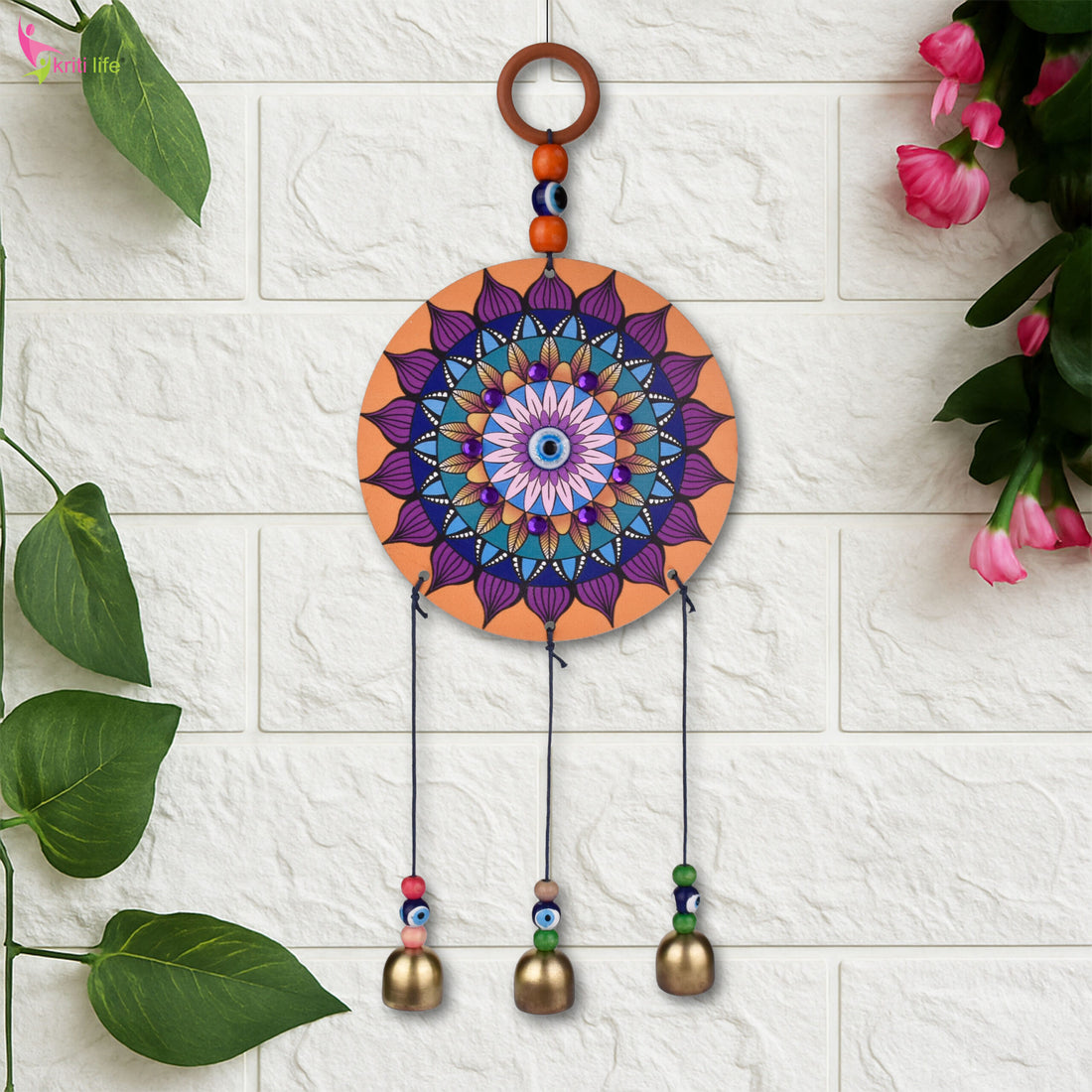 Evil Eye Hanging with Mandala Design | Wall Hanging with Bells for Positive Energy & Home Decor- 30 cm Hight