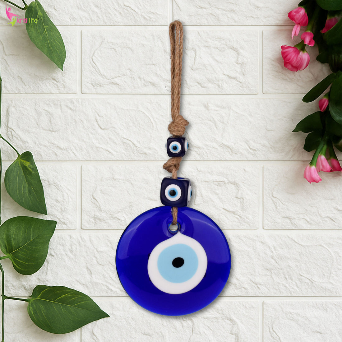 Hanging Evil Eye Protection Charm with Blue Glass Beads & Jute Rope – 26 cm Hight