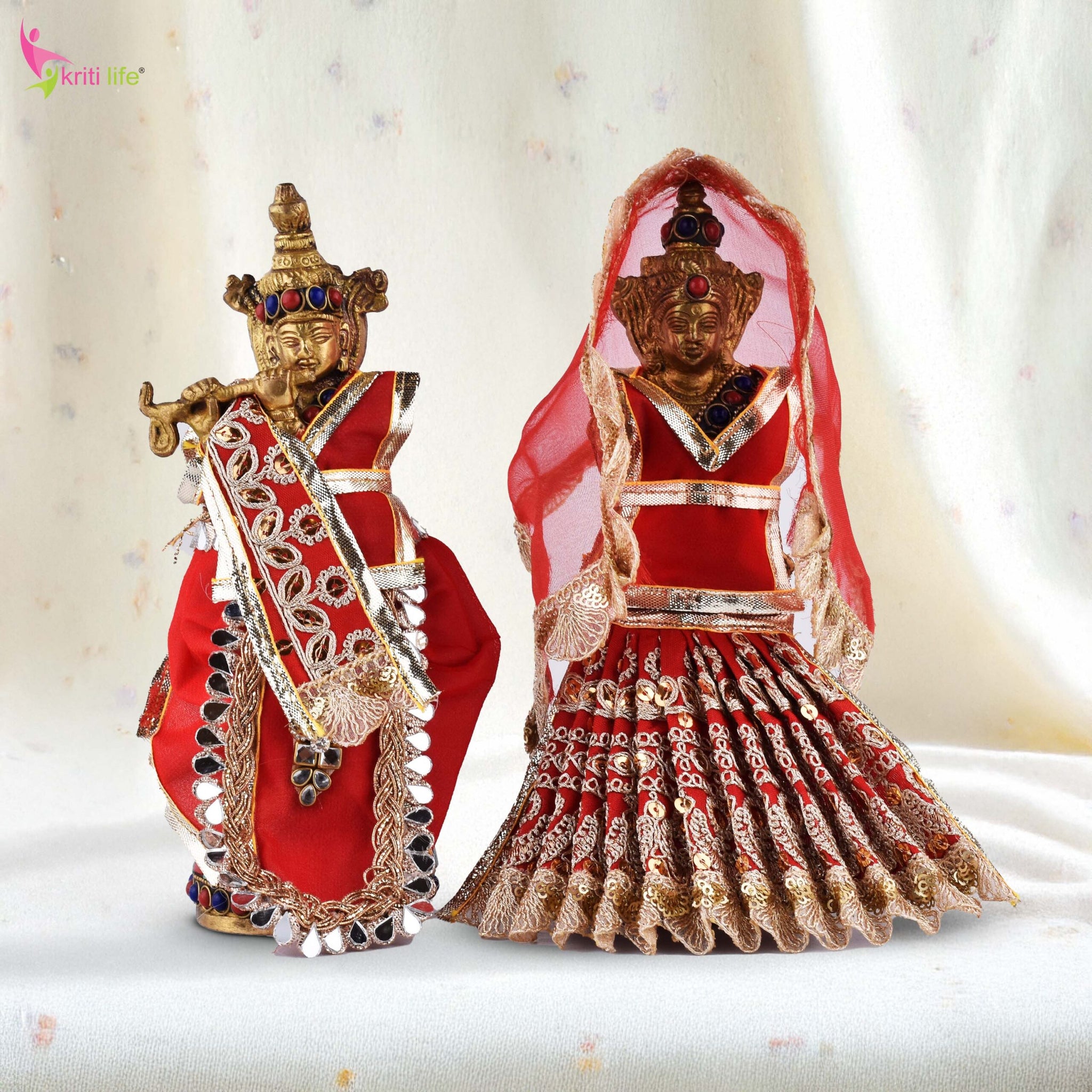 Red Radha Krishna Dress Set for 7.5 Inch Idol – Traditional Embroidered Vastra with Golden Lace
