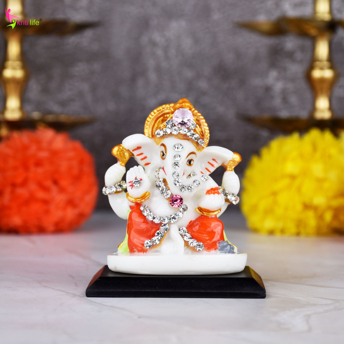 Lord Ganesha Idol with Crown & Orange Attire – Polyresin 2.5 inches Decorative Statue with Diamond Work