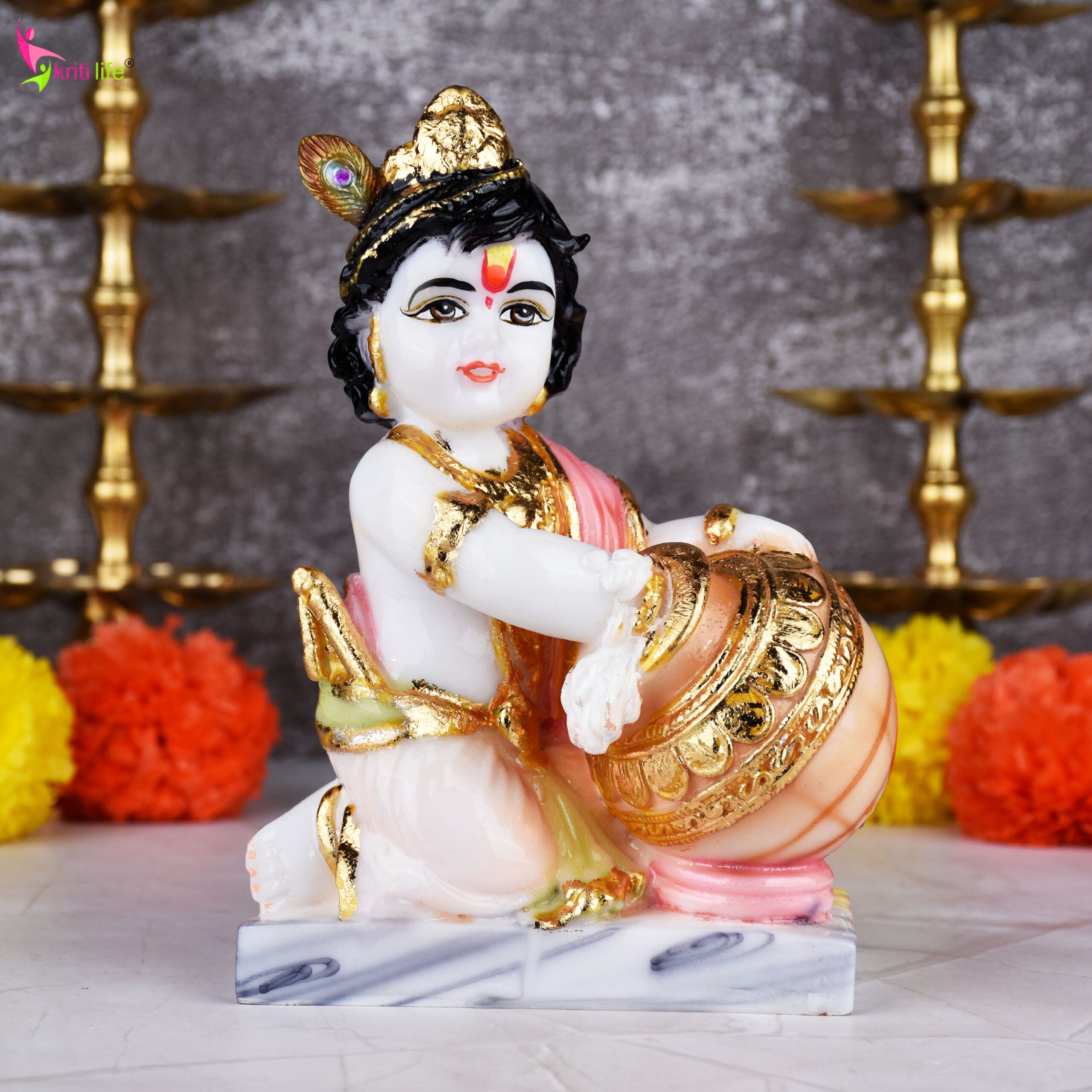 Makhan Chor Krishna Idol 7 inches – Polyresin Decorative Statue for Home Temple & Gifting