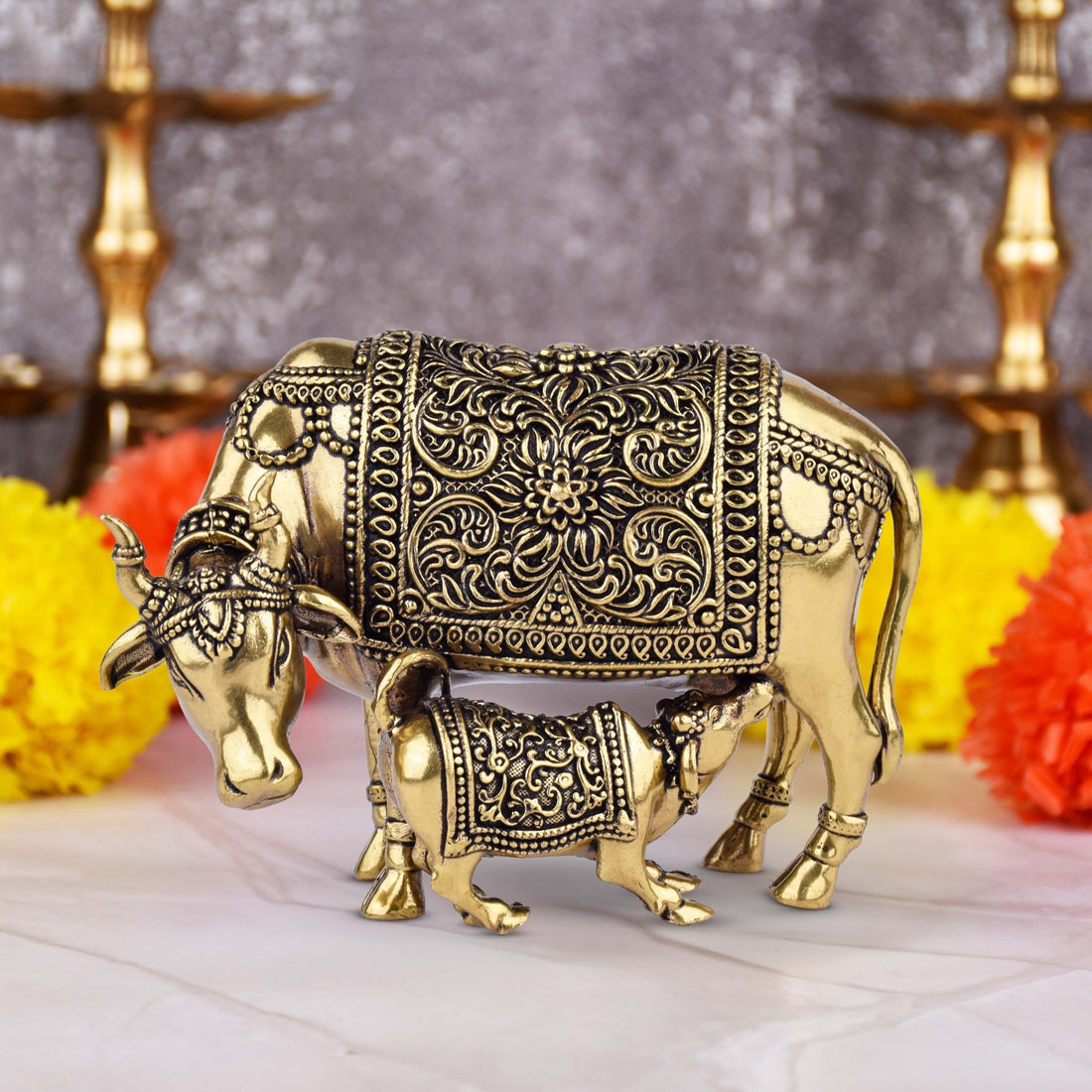 Brass Kamdhenu Cow and Calf Idol – | 4 inches | Handcrafted Symbol of Prosperity and Divine Energy