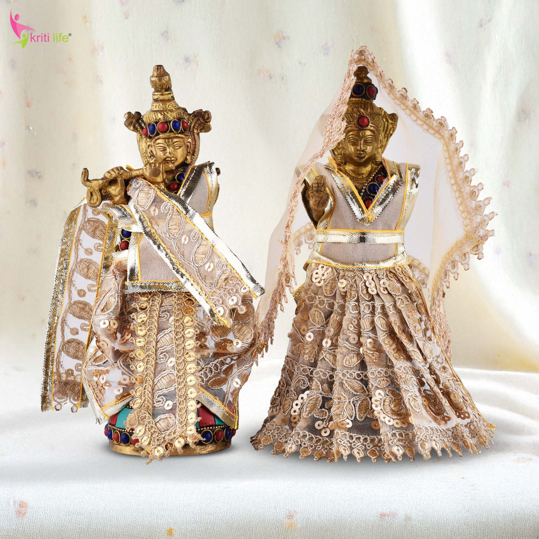 Golden Radha Krishna Dress Set for 7.5 Inch Idol – Traditional Deity Vastra with Embroidery and Sequins