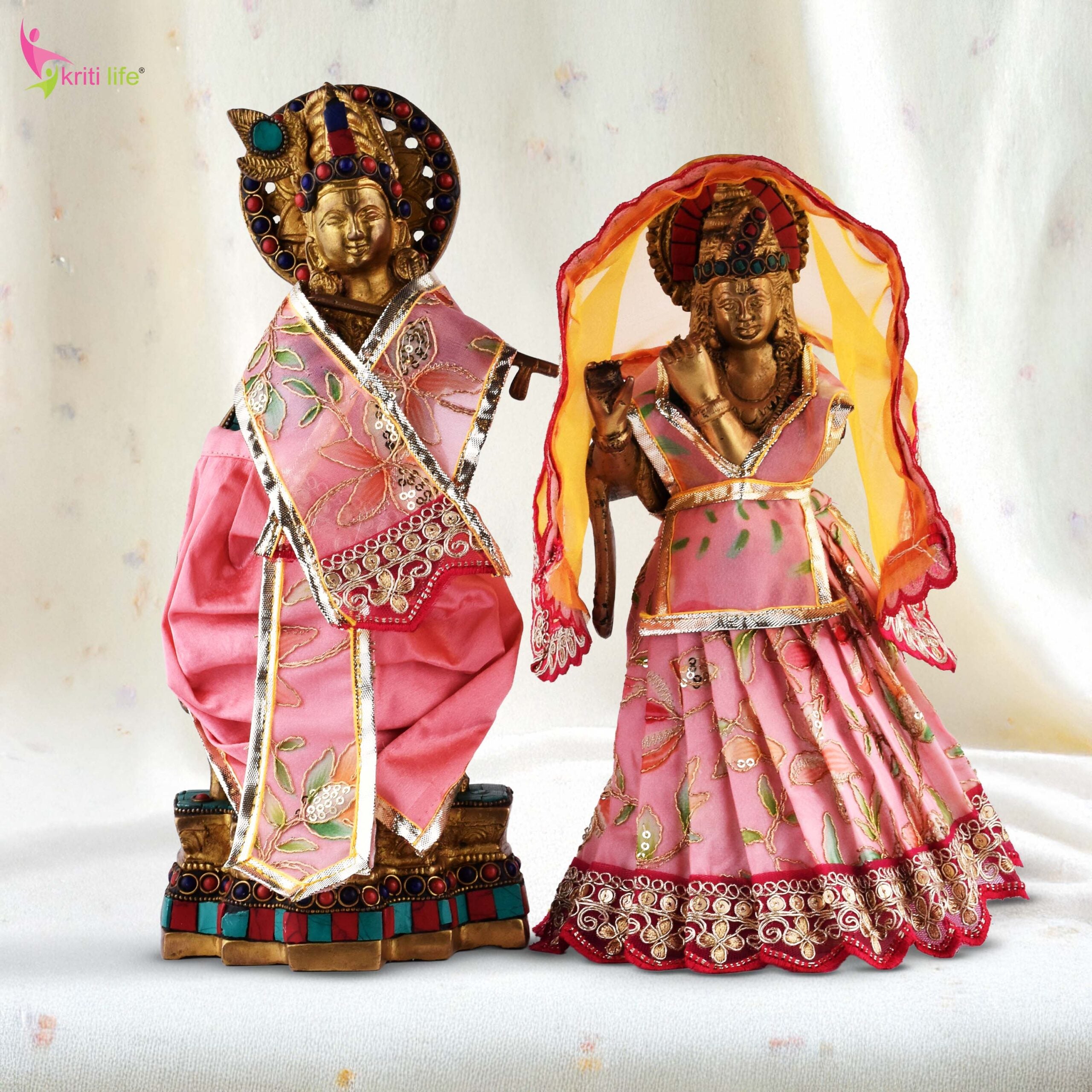 Traditional Radha Krishna Dress Set for 12 Inch Idol – Embroidered Pink Vastra with Dupatta