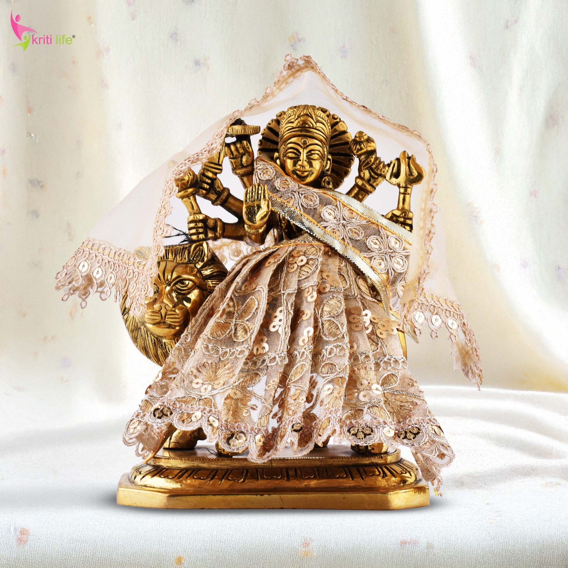 Golden Embroidered Mata Durga Dress for 7-Inch Idol | Traditional Lehenga Choli Set