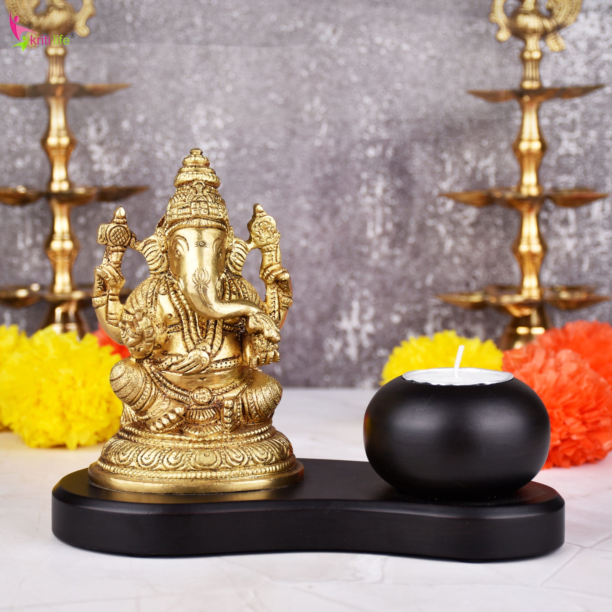 Brass Ganesha Idol with Tealight Candle Holder – 6 inches Decorative Showpiece for Home & Office
